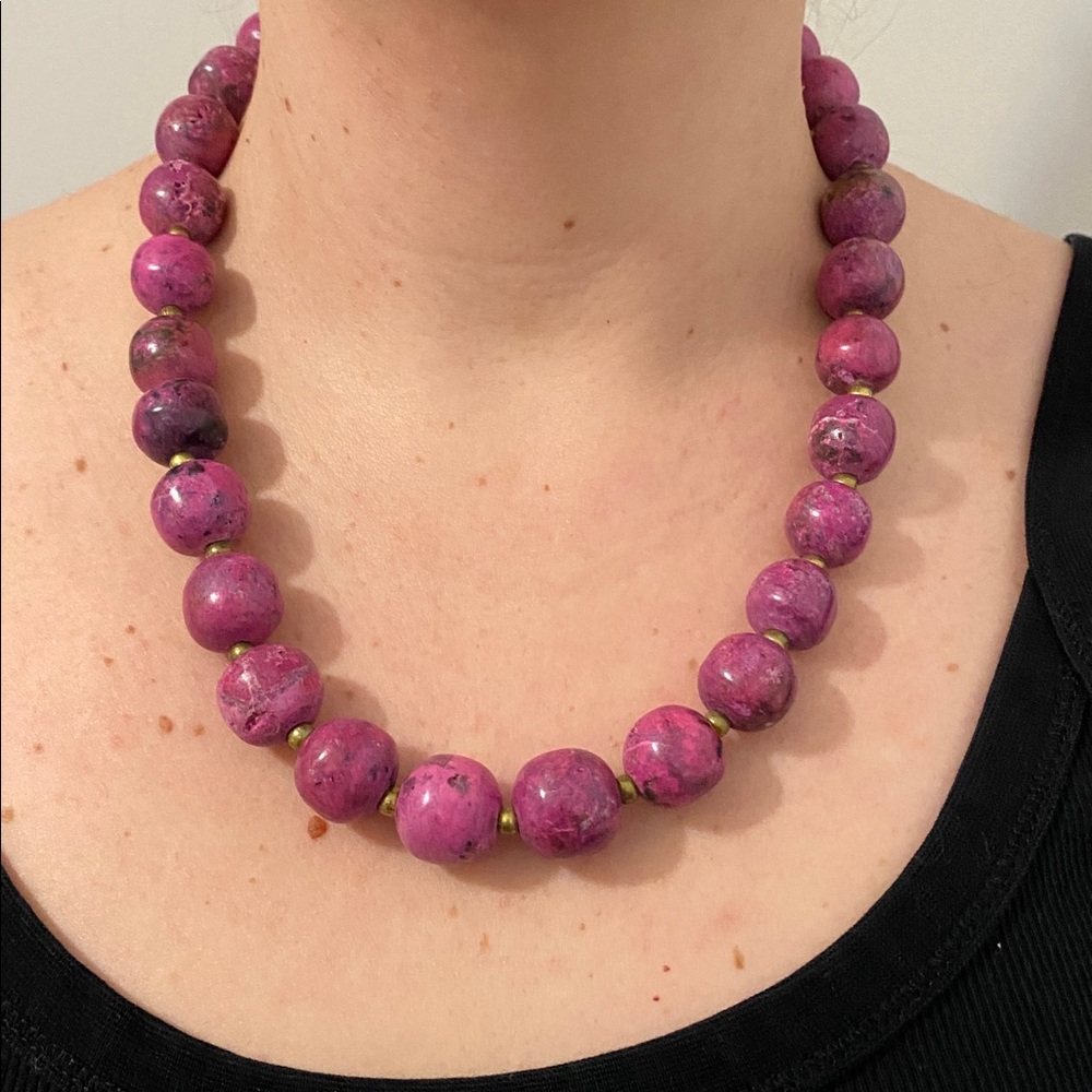 Purple Stone Bead Necklace with gold tone accent beads